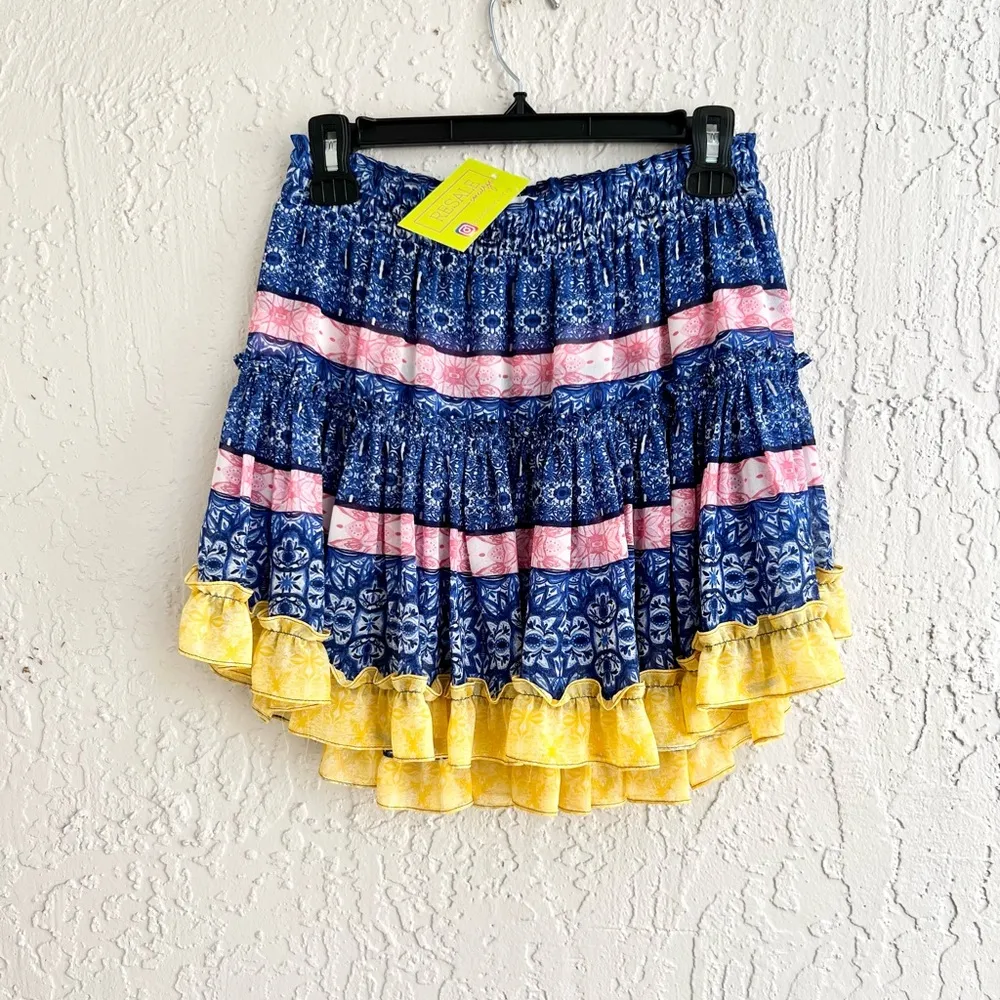MISA Marion mini skirt in tile print blue yellow size small - Image 3