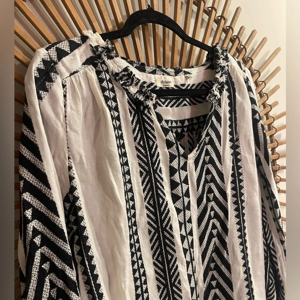 Women’s Dylan Black and White Geometric Patterned Long Sleeve Woven Top Boho M - Image 7