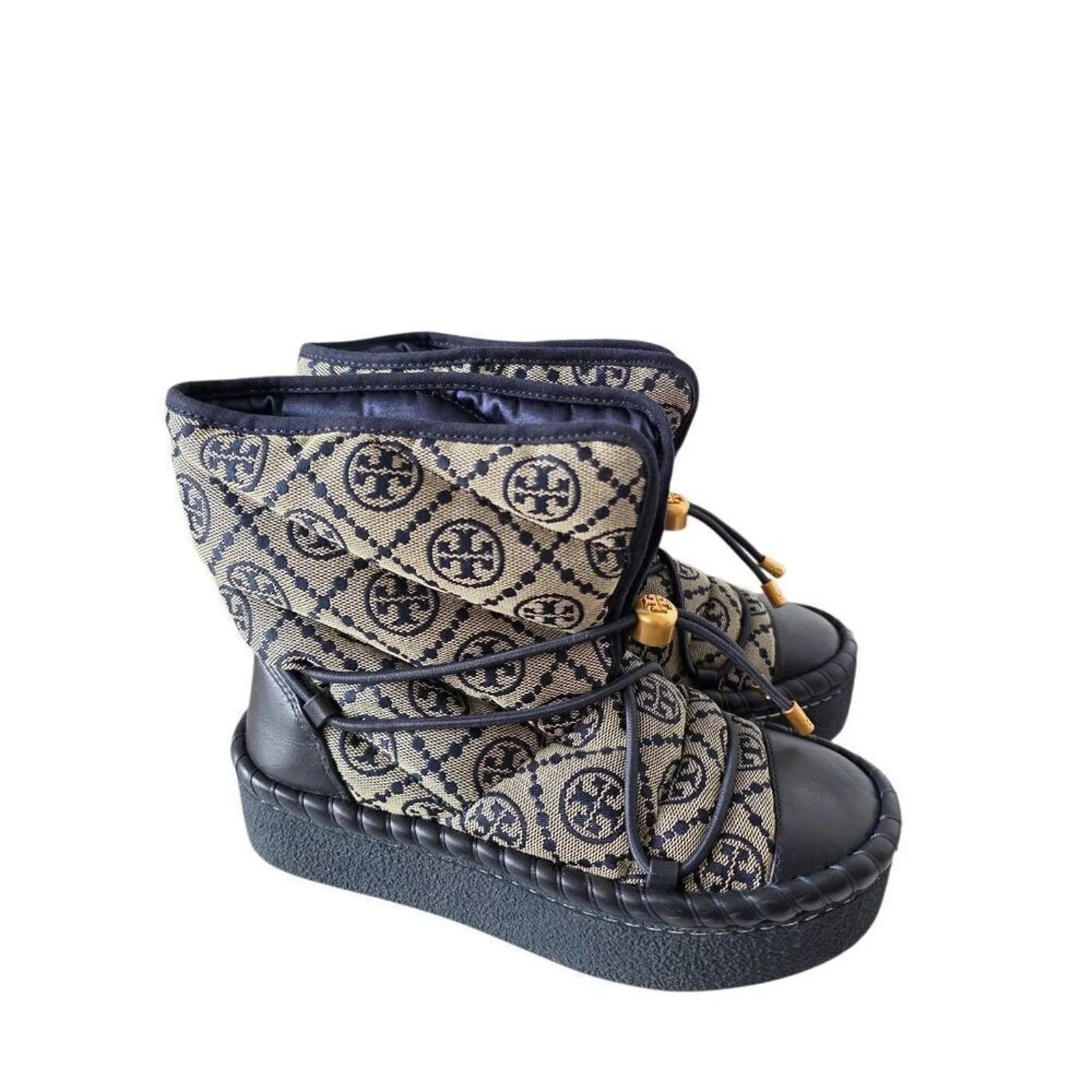 Tory Burch T Monogram Boot 5 Logo  Navy Gold Platform Bootie Shearling Footbed - Image 3