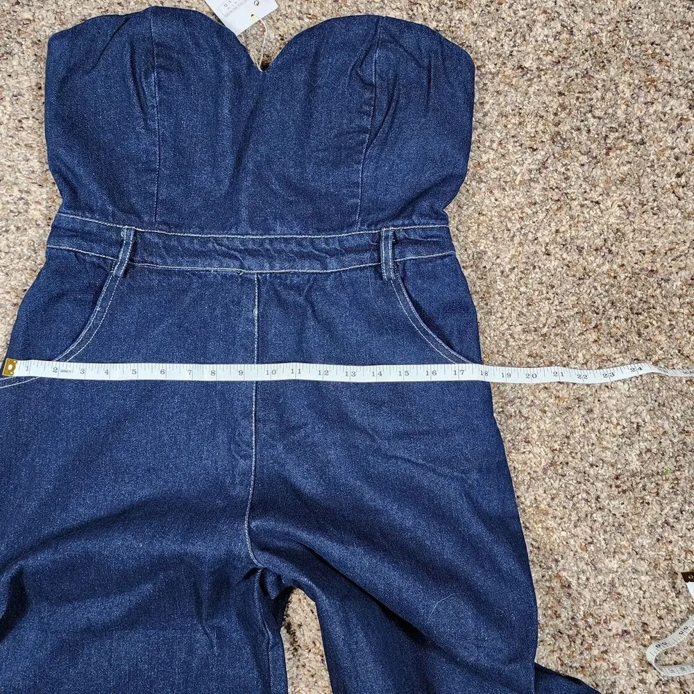 New PEAOFBLRD Premium Blue Denim Collection Wide Leg Jumpsuit Size Large - Image 7