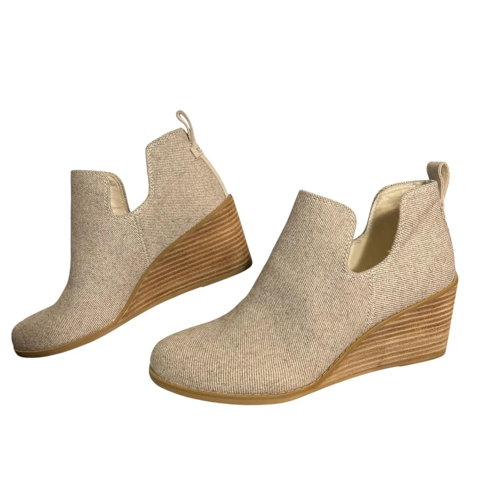 TOMS Boots Womens Size 8 Beige Wedge Ankle Booties Textured Cotton Slip On - Image 2