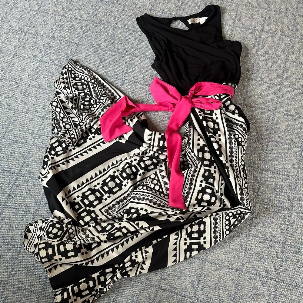 ELIZA J Black white Tank Dress Maxi size 12  pink Tie Waist Jersey Scarf Print - Image 2