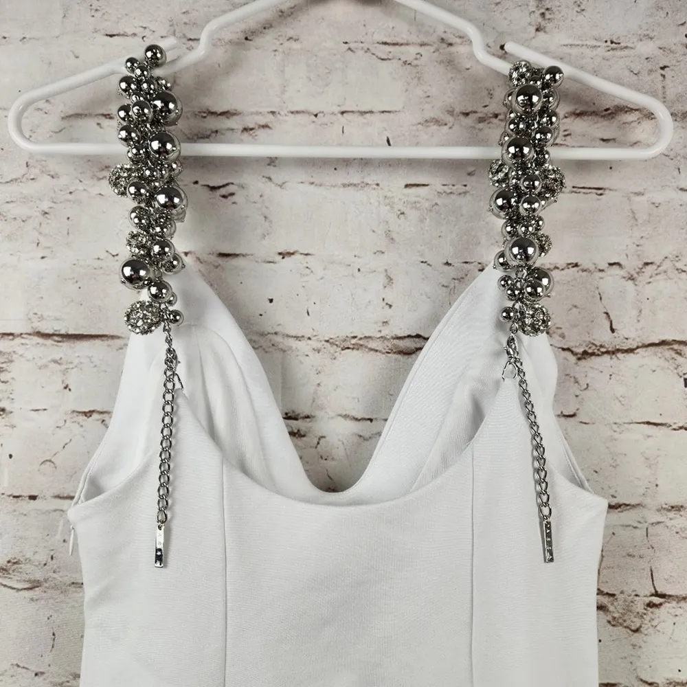 AREA Grape Cluster Dress in White Sleeveless Beaded Straps Medium Mini Deep V - Image 8