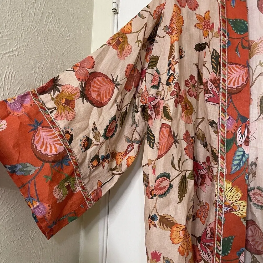 Johnny Was Workshop orange floral Ramie Open front kimono top size Small - Image 2