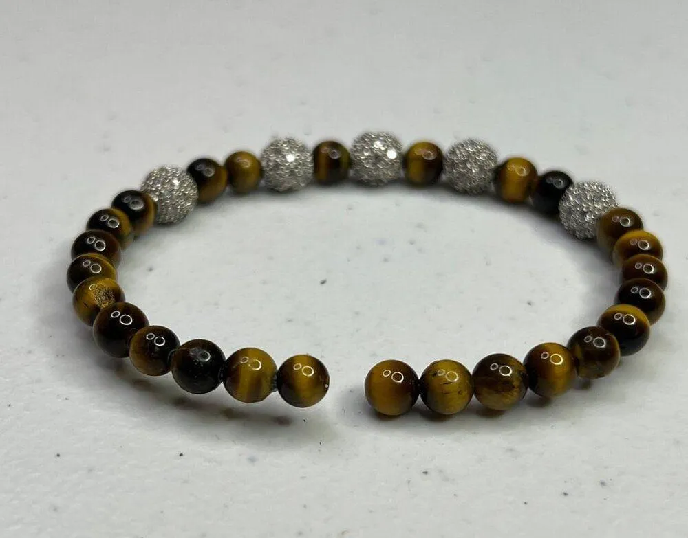 Tigers Eye & Rhinestone Beaded Stretch Bracelet Silver - Image 7