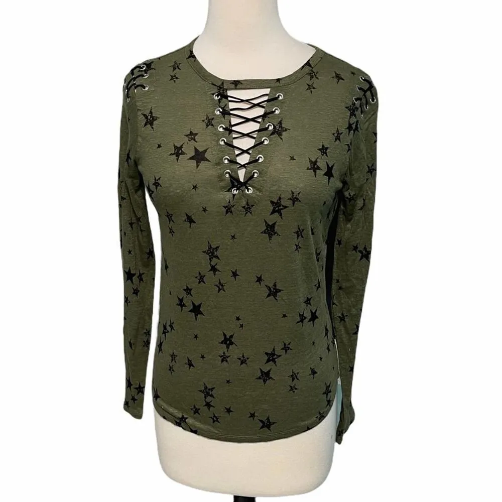 Generation Love‎ Valentina Long Sleeve Lace Up Tee Star Print Green Extra Small - Image 2
