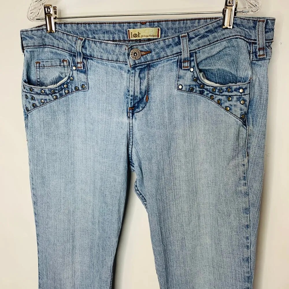 L.E.I. Low Rise Brass Stud Embellished Flare Leg Jeans 90s Frayed - Image 4