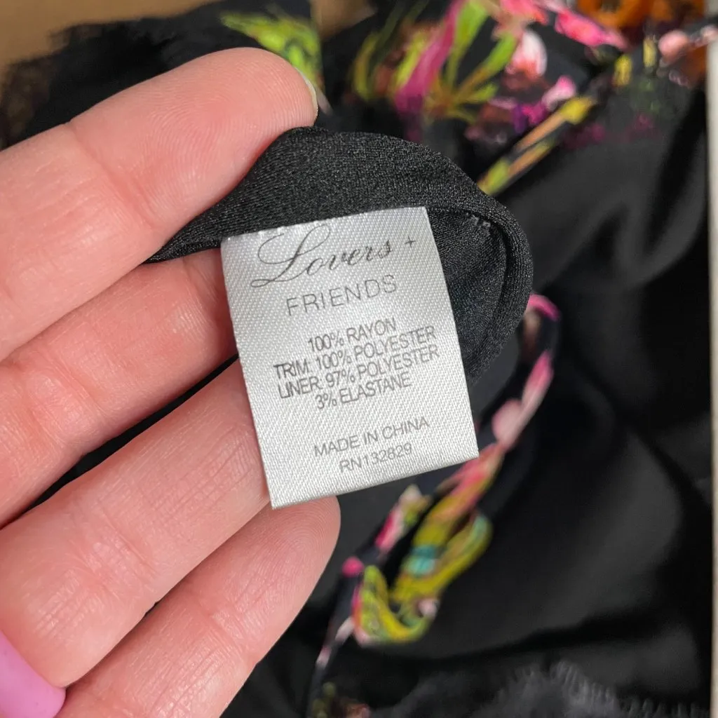 Lovers + Friends Floral Bahia Babydoll Dress Size Medium Lace Trim Black V-back - Image 8