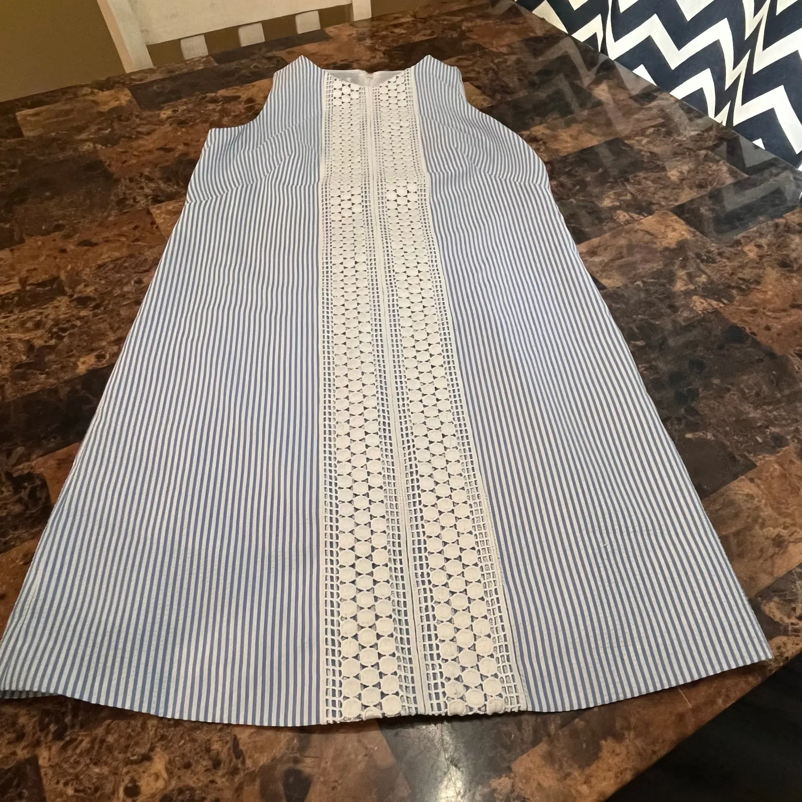 London Times Crochet Lace Panel Seersucker Stripe Shift Dress 4 - Image 7