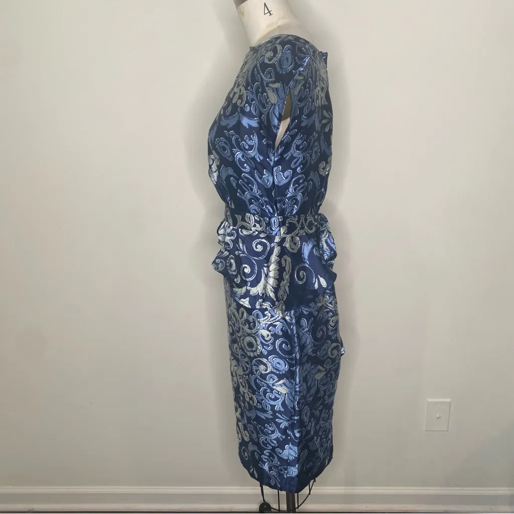 Vintage Dorothy Perkins Peplum MIDI Floral Silky Dress US 6 - Image 4