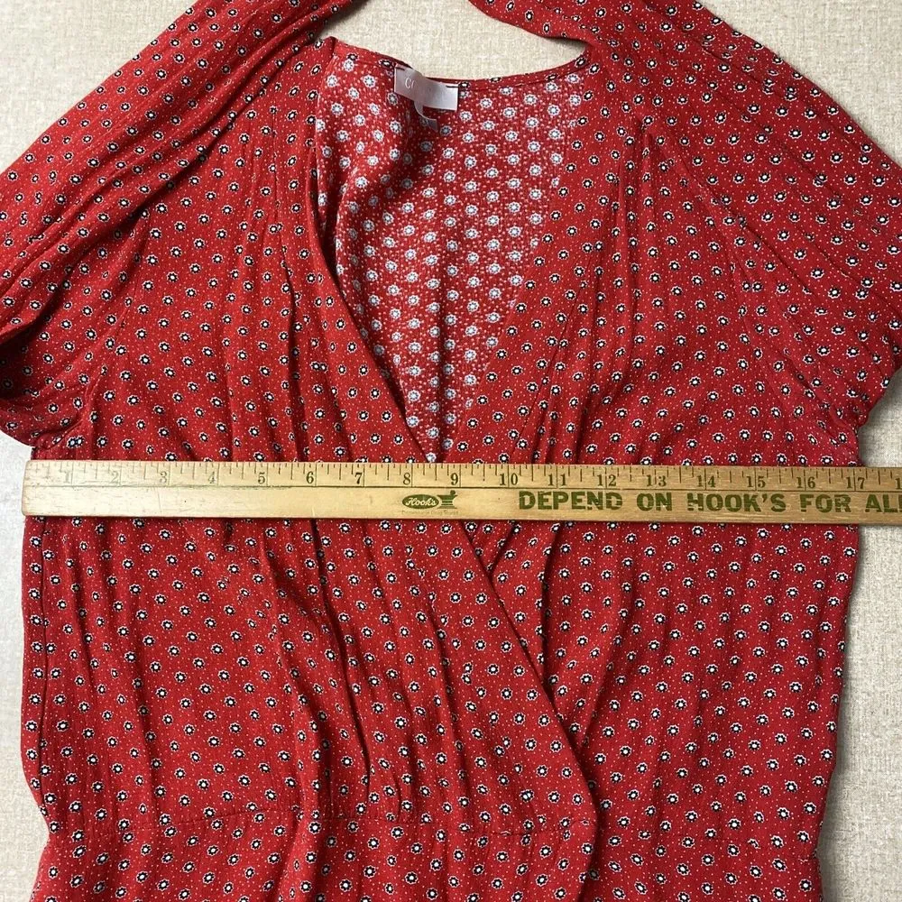 Cooperative Womens Large Red V Neck Wrap Top Long Sleeve Flower Polka Dot - Image 8