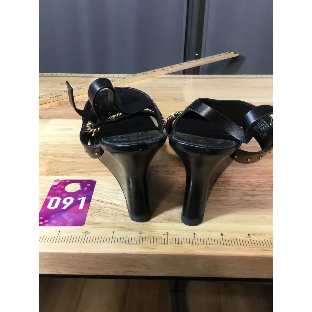 Tory Burch Women's 11M Black Genuine Leather Buckle Plaque Wedge Sandal - Image 2