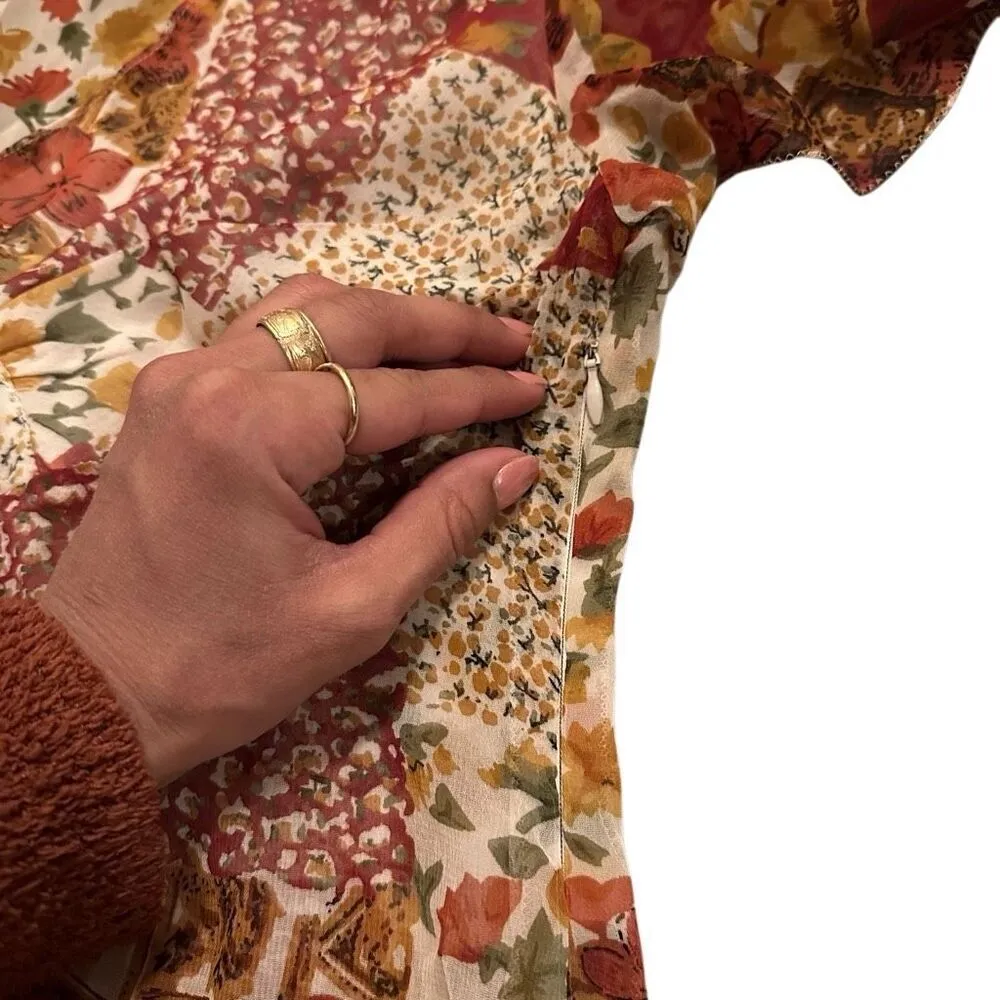 Vintage Women’s Red Cream Orange Floral Flowy Blouse Boho Cottagecore Girly Femi Size L - Image 9