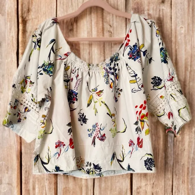 Tanya Taylor Stassi White Floral Crochet Trim Cotton Peasant Top Size 14 - Image 3