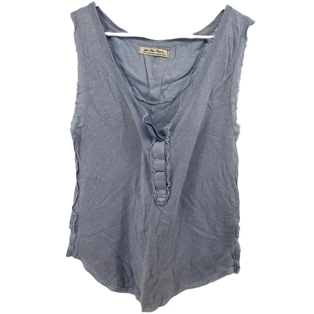 We The Free Vacay Tank Top Faux Henley Raw Edges Slit Scoop Linen Blue Small - Image 2