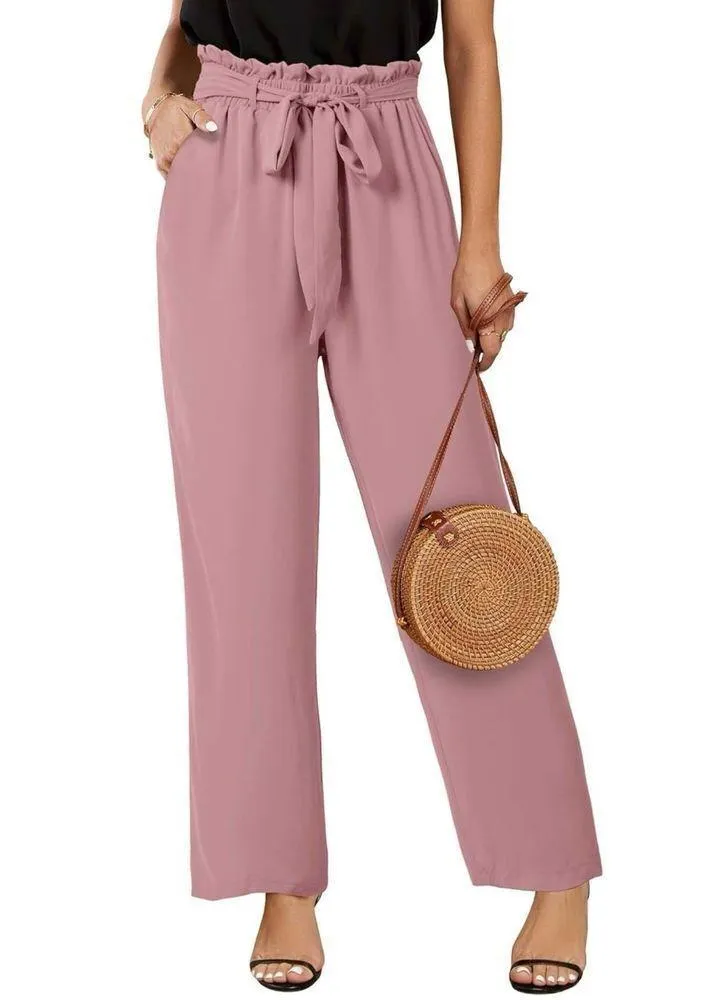 NEW High Waisted Palazzo Pants Belted Wide Leg Pockets S Pink - Image 2