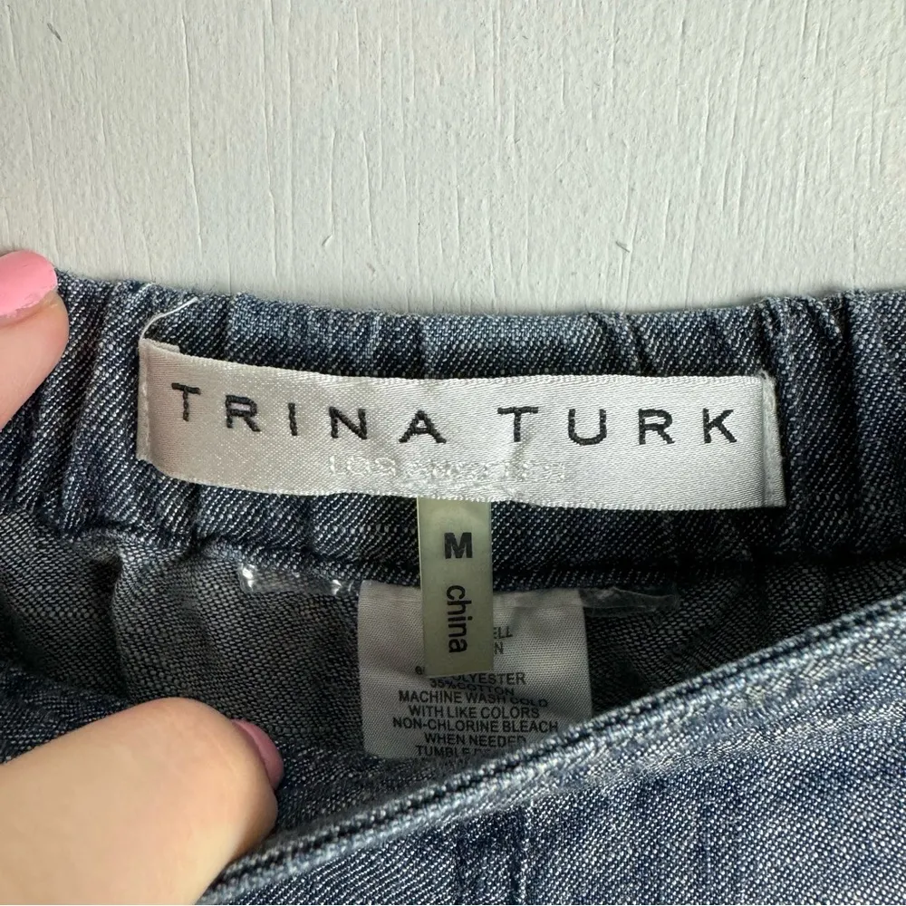 Trina Turk Lyocell Linen Wide Leg Crop Slit Hem Pants Sz Medium Blue Chambray - Image 7