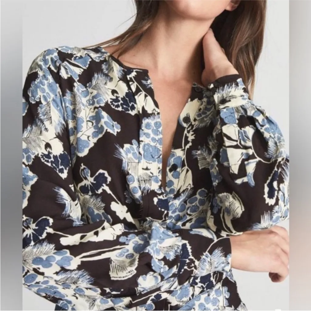 REISS Abbie Blue Floral Printed Long Sleeve Mini Dress Size 6 - Image 3