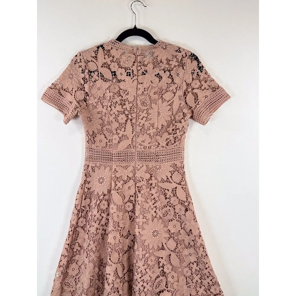 Chicwish Womens Dress Beige Floral Lace Mini Short Sleeve A Line Boho Small - Image 9