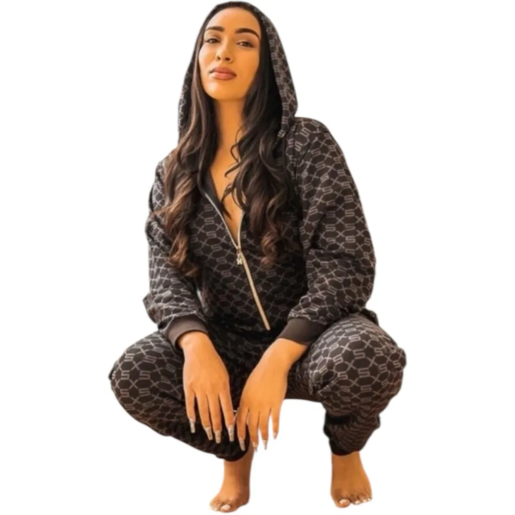Savage X Fenty Hooded Onesie Black Caviar Monogram Zip Loungewear Jumpsuit S - Image 2