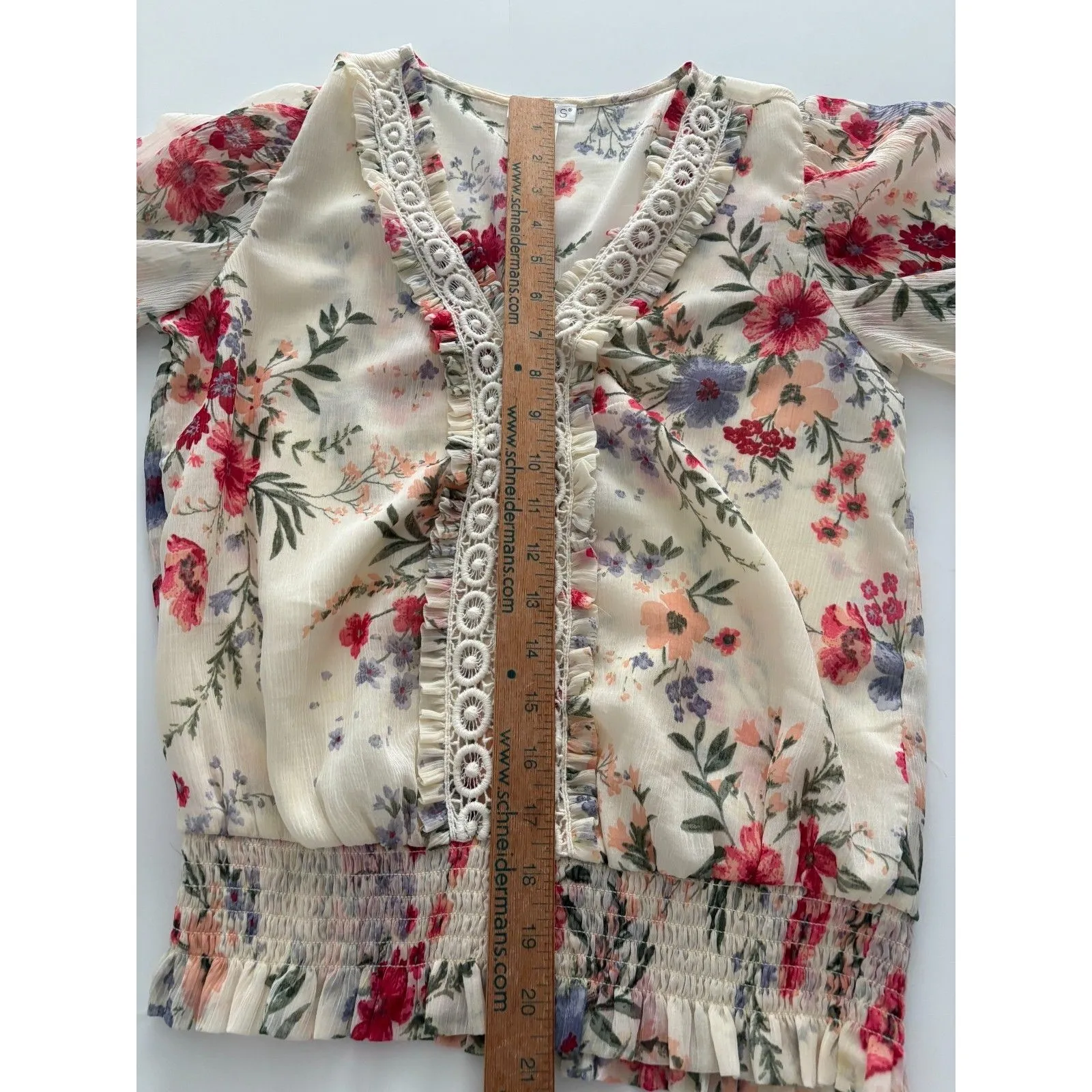 Venus Floral Blouse Size 2 Oversize Lace Flounce Sleeve Milkmaid Prairie (M) - Image 9