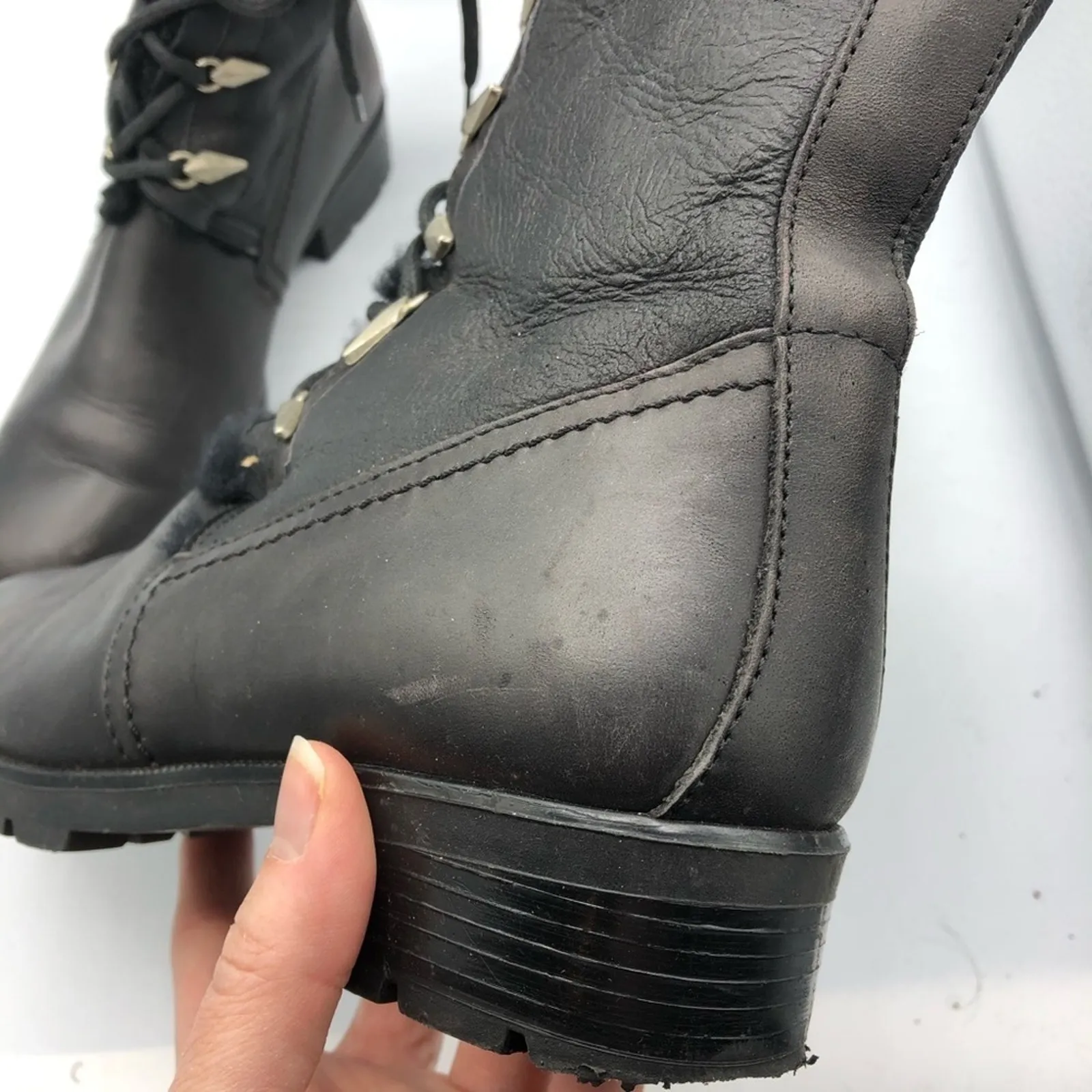 SGN Black Leather Lace Up Fur Trim Combat Boots Womens 37 Goth Witchy Whimsy Size 6 - Image 6