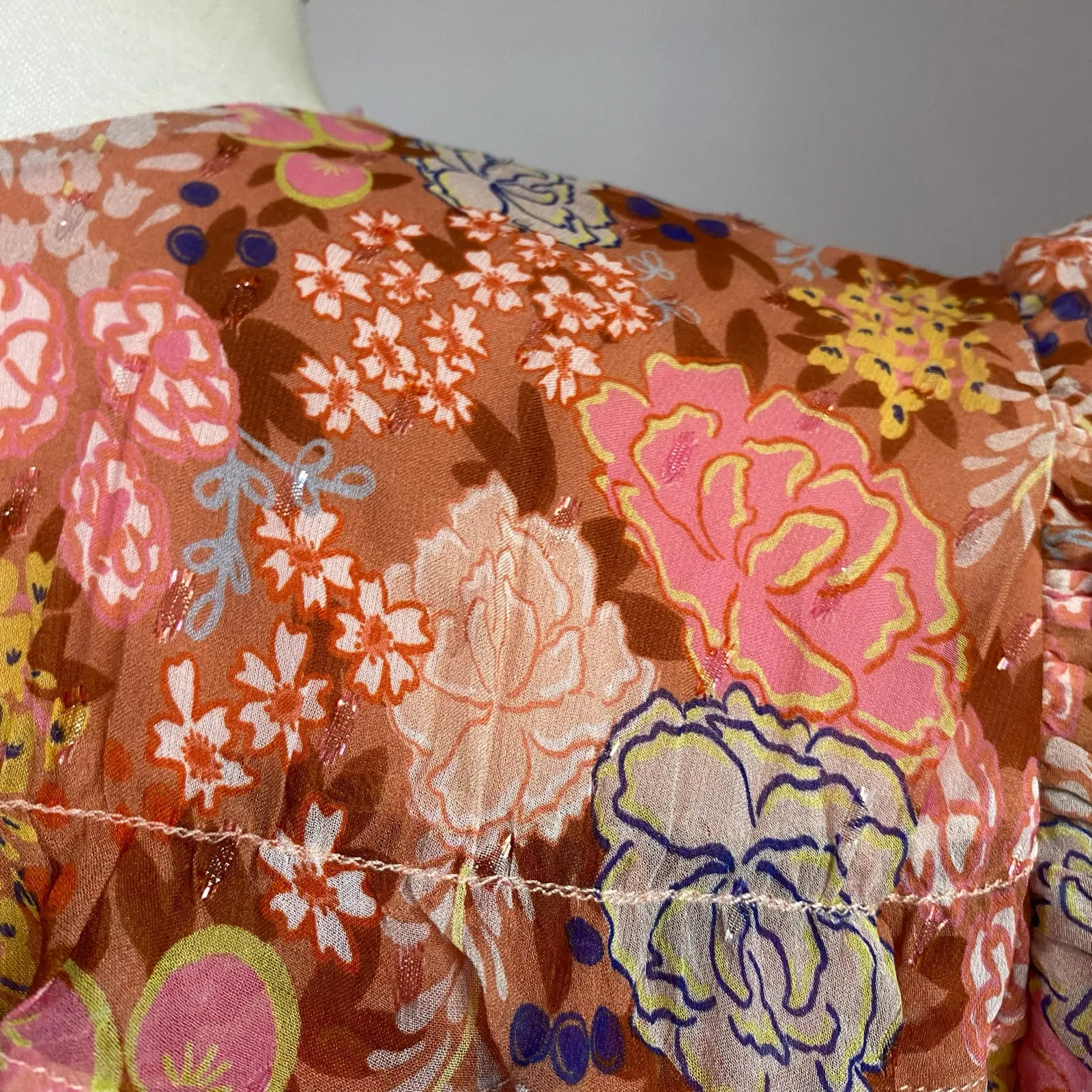 Marie Oliver Thea Silk Floral Mini Dress M Peachy Peonies Belted Ruffle Boho - Image 11