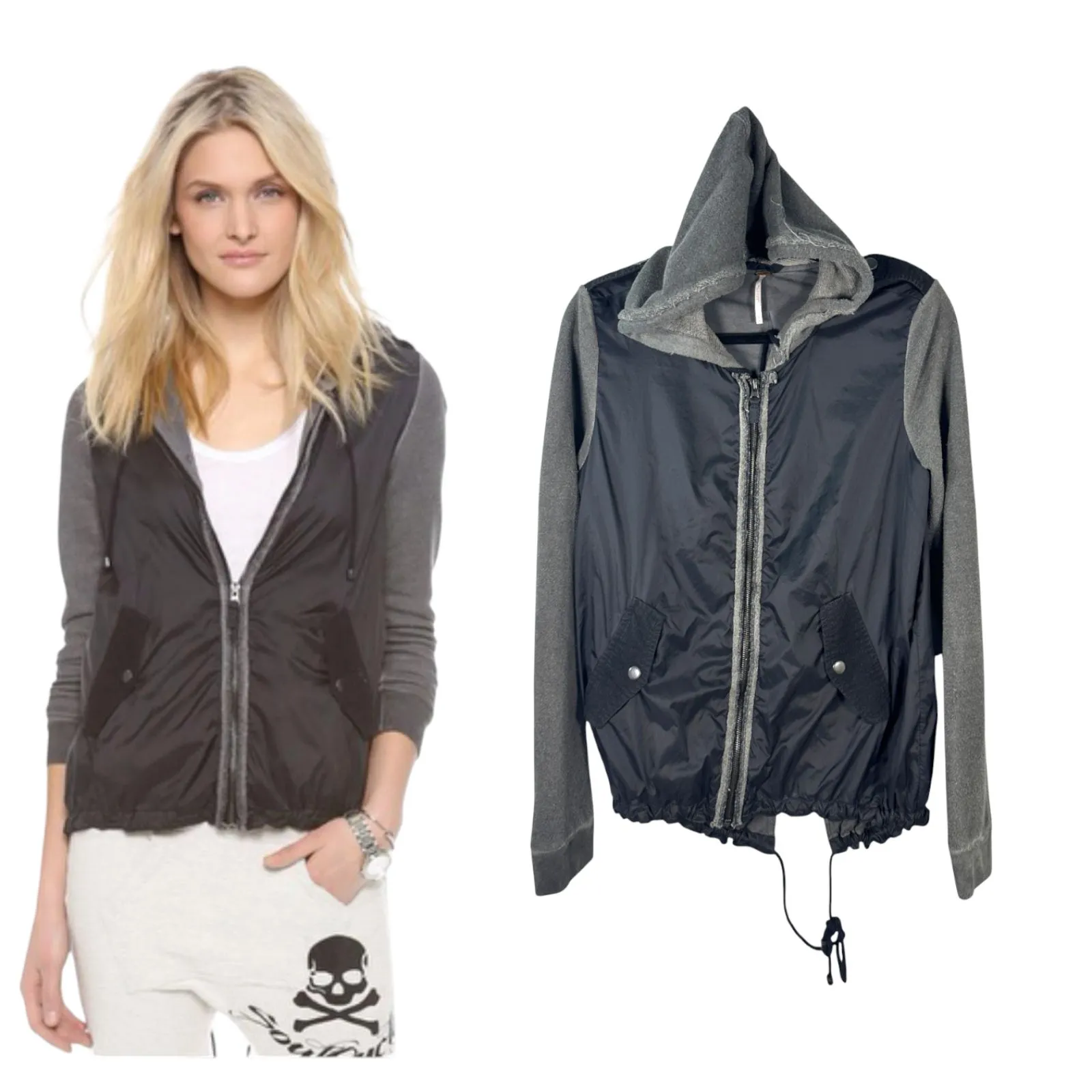 Free People Black Grey Hooded Zip Up Jacket Size Small - Image 2