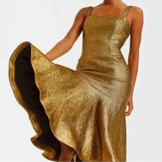 Mestiza New York Jody Metallic Gold Tweed Square Neck Flutter Hem‎ Midi Dress 2 - Image 2
