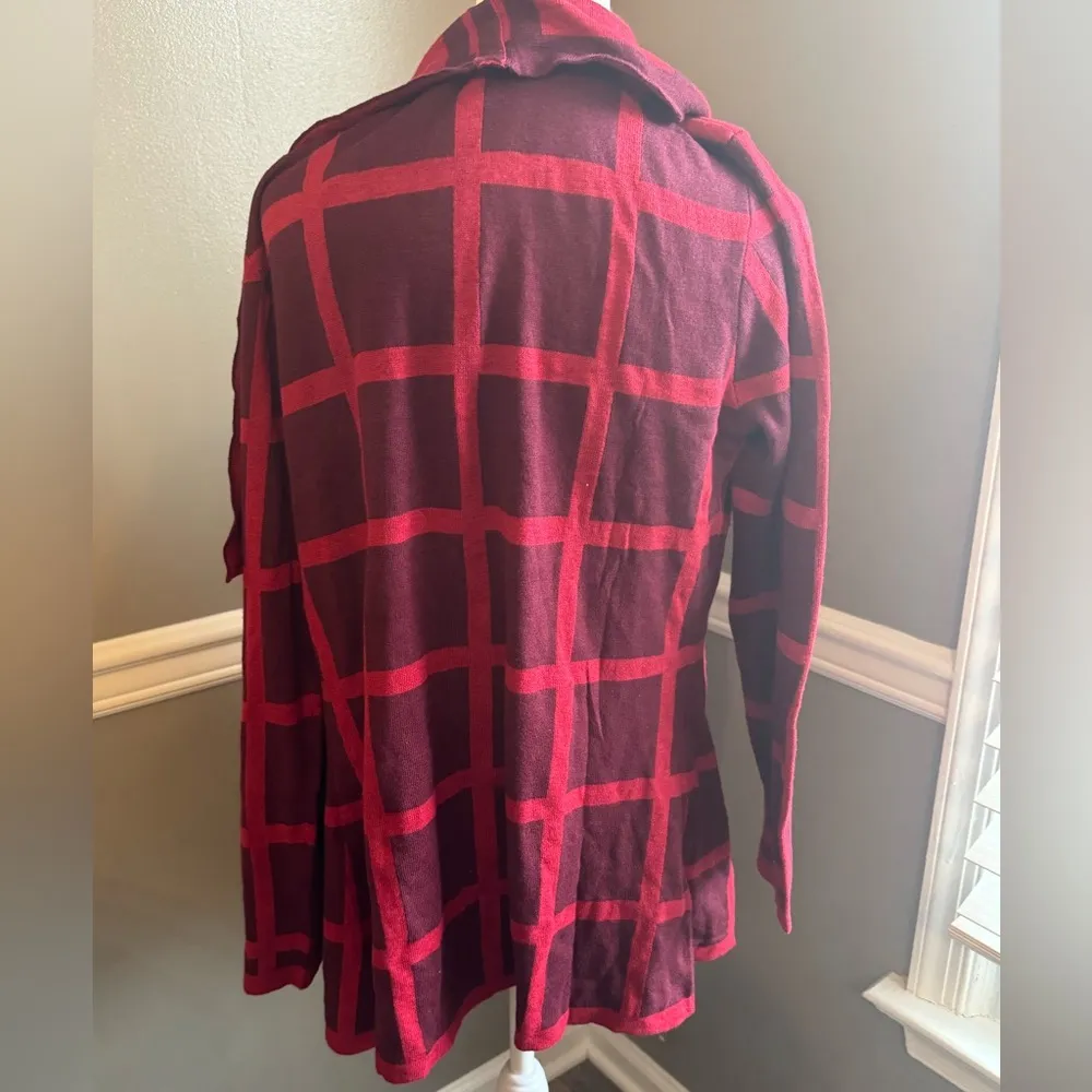 Isaac Mizrahi Live! Essentials Open Front Knit Cardigan Red Windowpane Medium - Image 3