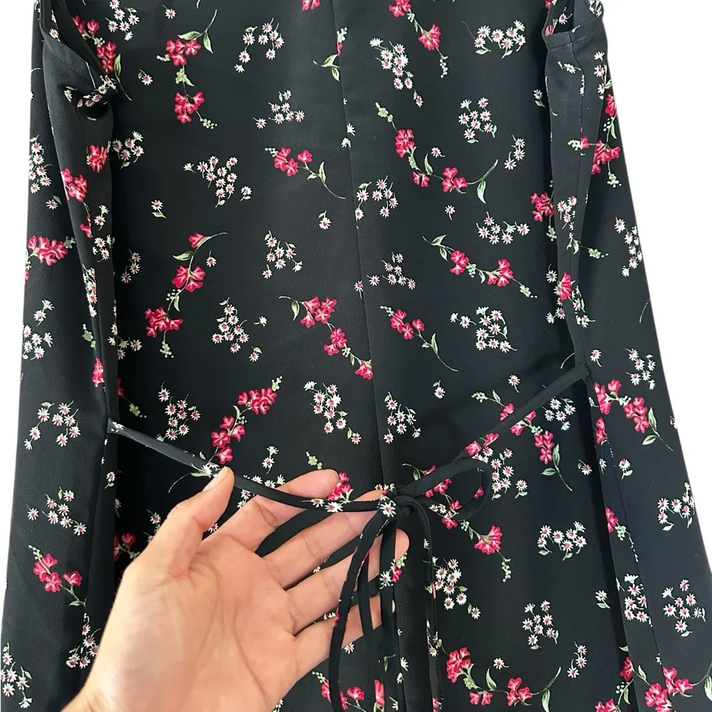 Vintage Midi Dress Tie Back 90s Boho Grunge WhimsiGoth Black Floral Size L Size L - Image 4