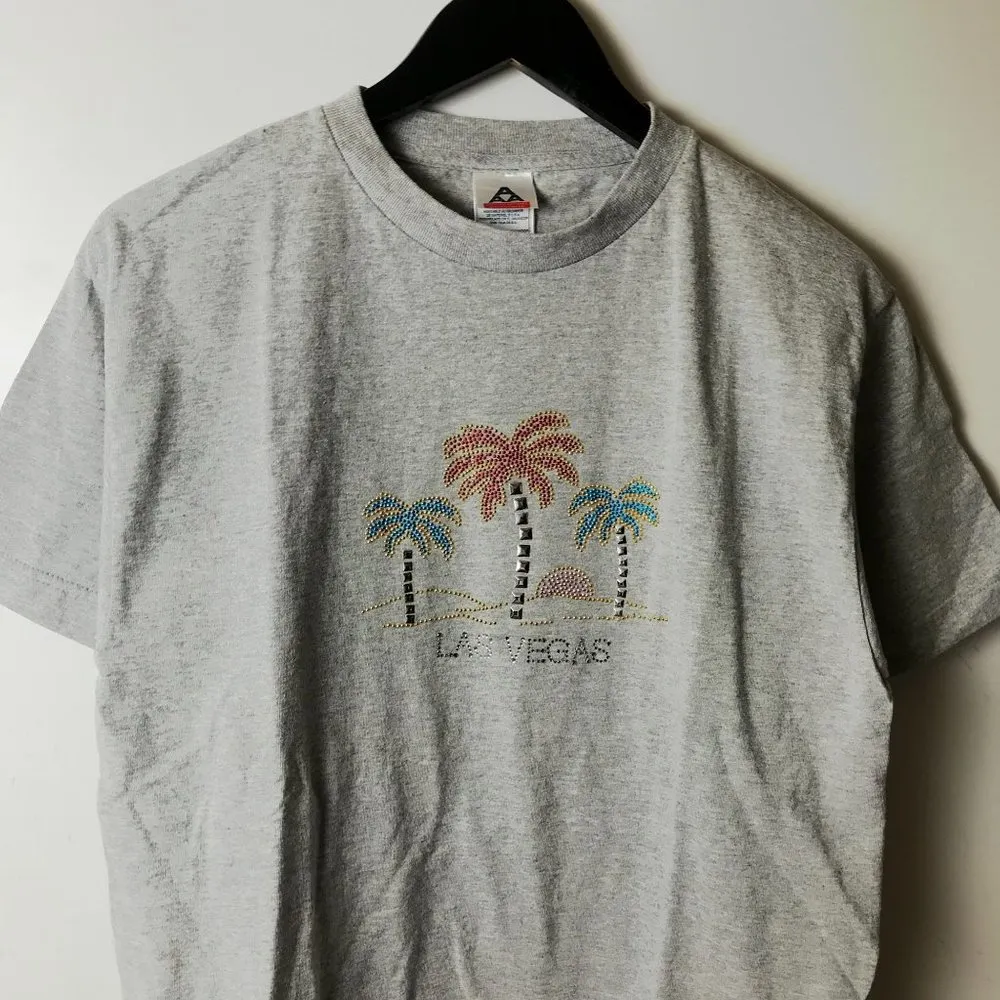 Vintage Y2K Las Vegas T Shirt Gray Medium M Rhinestones Palm Trees Graphic Tee - Image 10
