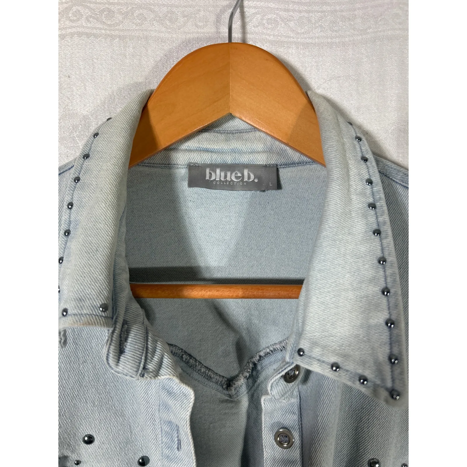 Blue B Jean Jacket Lrg Light Blue Denim Studded Long Puff Sleeve Western Dress Size L - Image 5