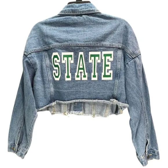JW Signature Cropped Jean Jacket M Blue Fray Hem STATE Graphic Raw Hem Y2K Style Size M - Image 2