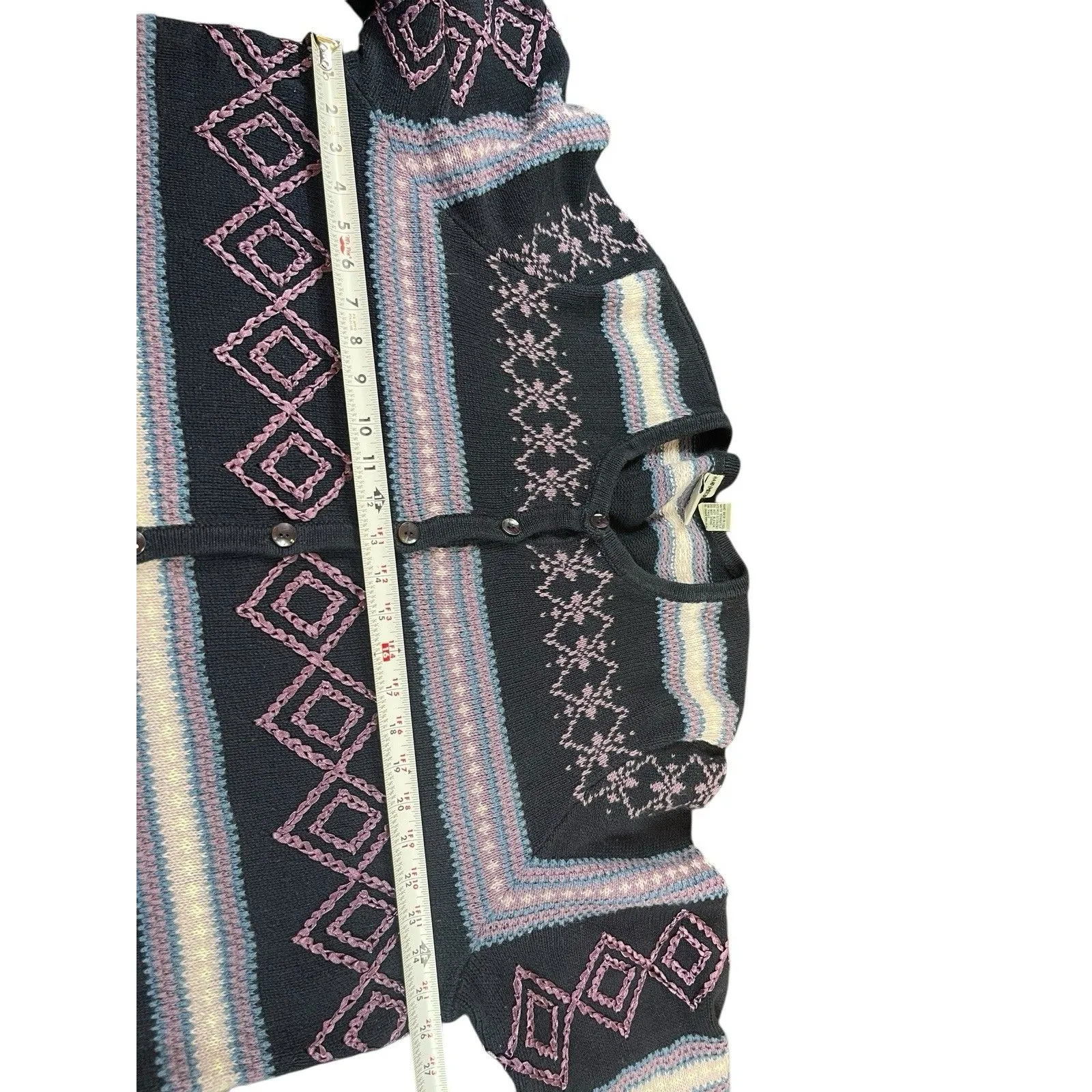 VTG CJ Banks 2X Fair Isle Knit Cardigan Sweater Navy Purple Hand Embroidered - Image 7