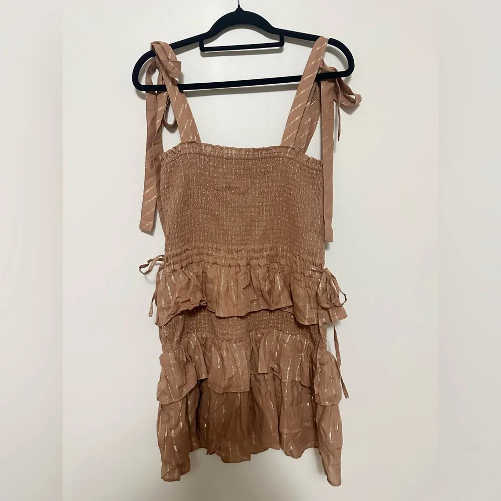 House of Harlow 1960 Corinne Shirred Ruffled Dress Size Small Gold - Image 6