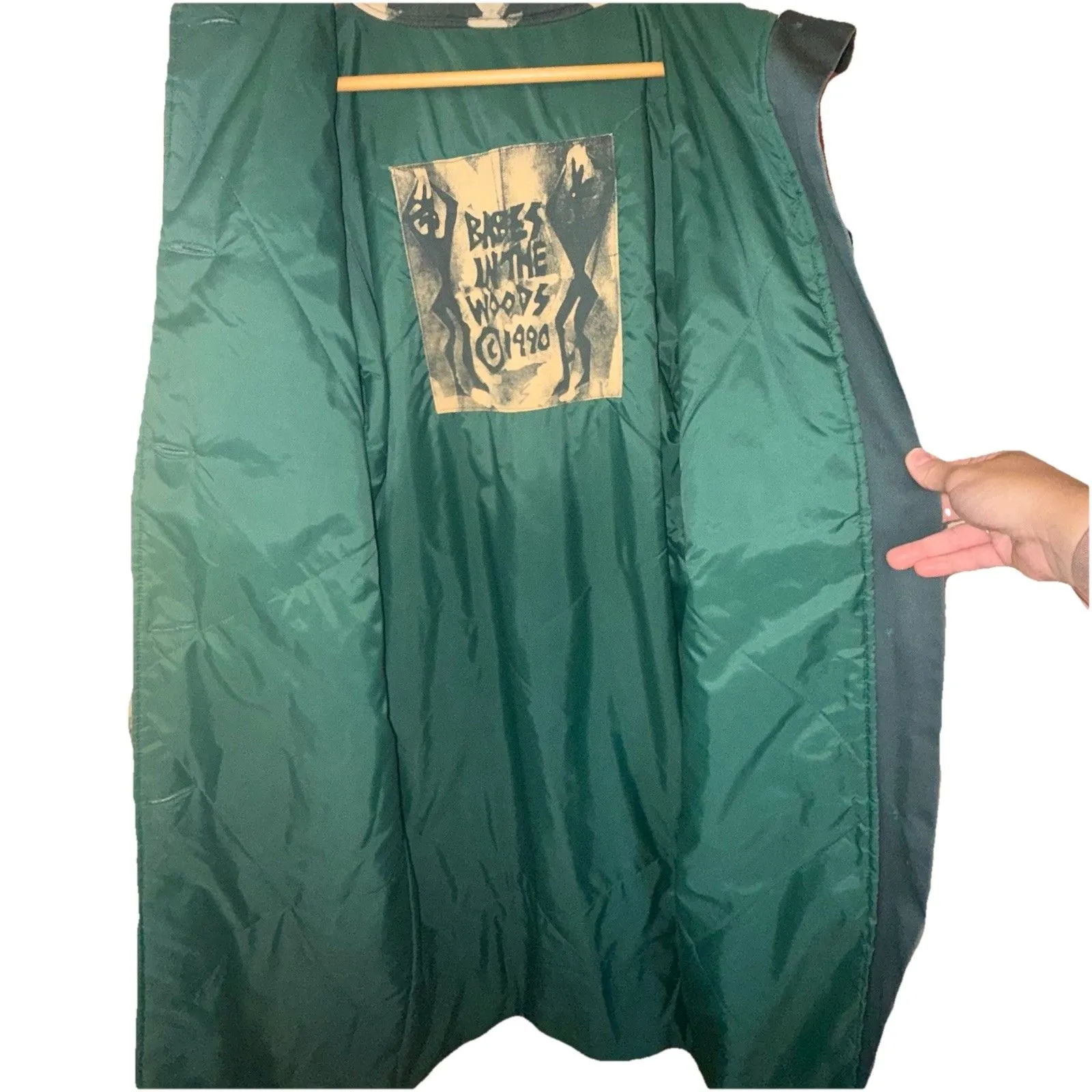 Babes In the Woods Trench Coat Jacket Small Trench Coat Vintage Art Lined 90s Green - Image 10