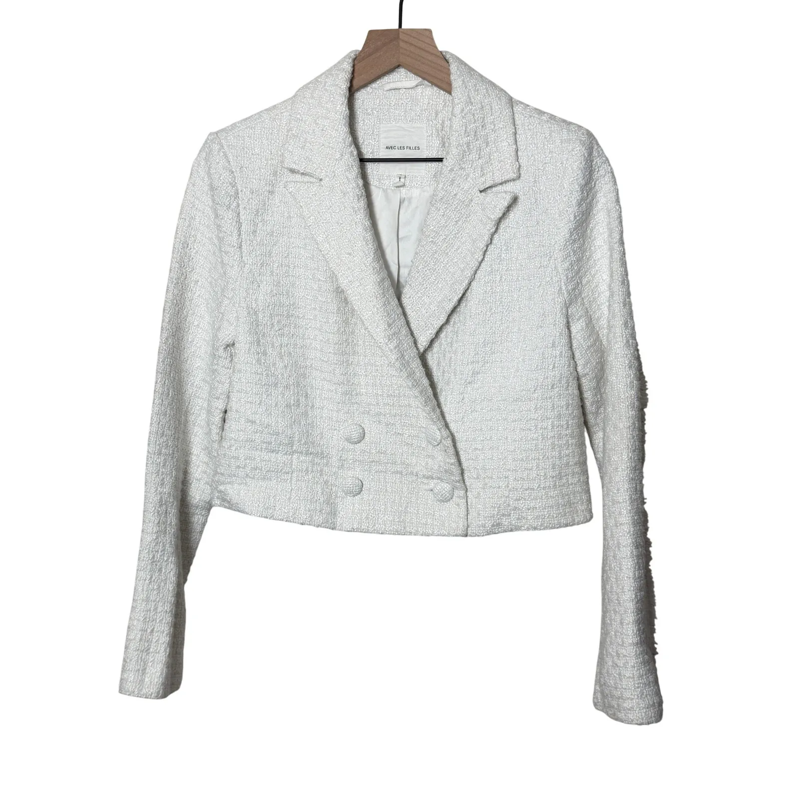 Avec Les Filles White Tweed Cropped Double Breasted Blazer Jacket Women's Size S - Image 2