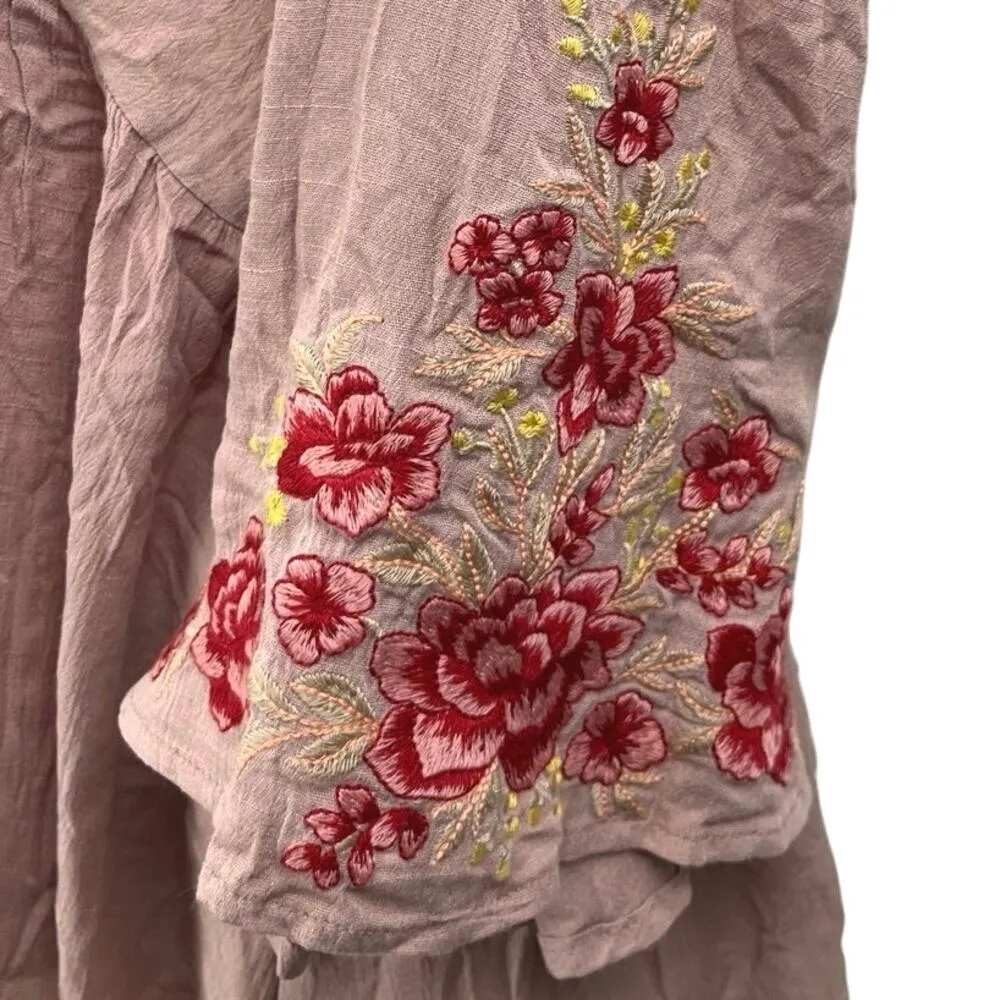 By Together Pink Floral Embroidered Deep V Neck Boho Peplum Blouse Top Size M - Image 3