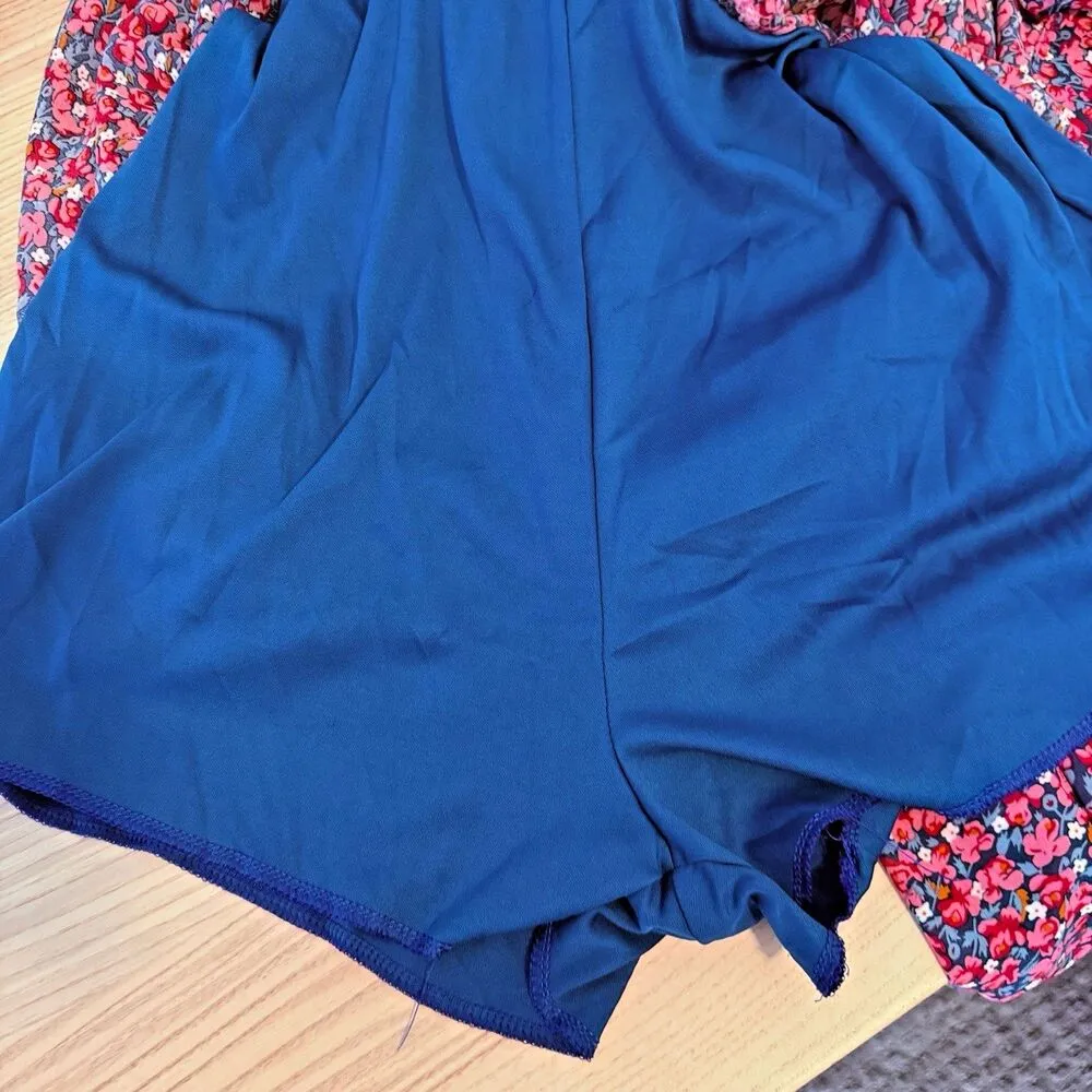 Boho Floral Mini Dress‎ L Women’s Long Sleeve Ruffle Hem Cottagecore Lace Trim Blue Size L - Image 12