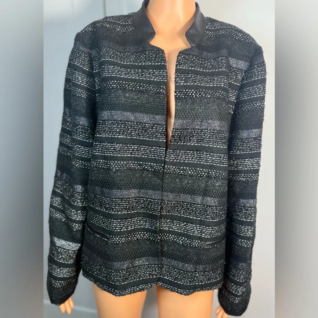 Chico’s Black Label Metallic Jacket Faux Leather Trim Black Size 3 - Image 3