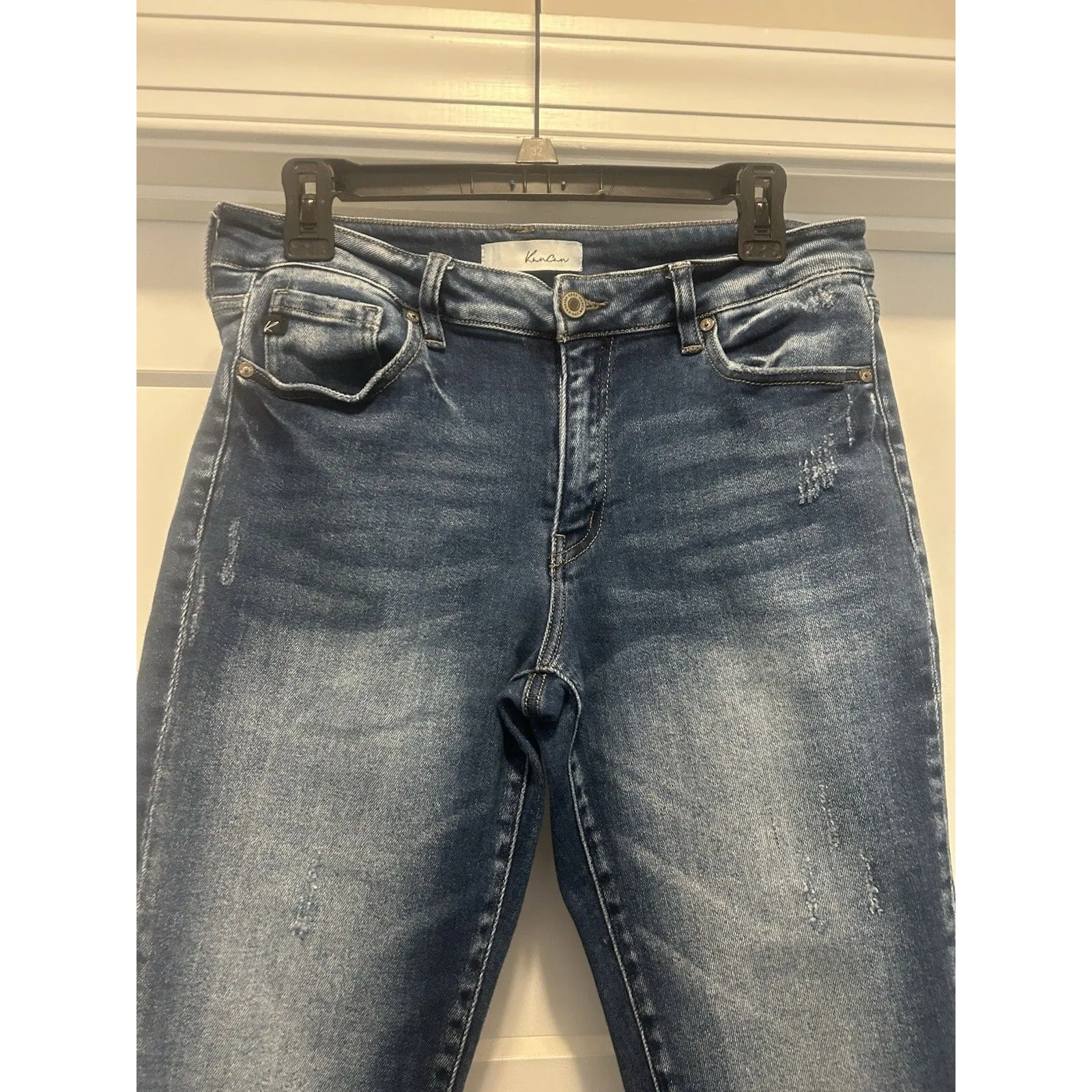 KanCan Mid Rise Tapered Leg Jeans Size 13/30 Dark Wash Stretch Denim Frayed Hem Blue - Image 2