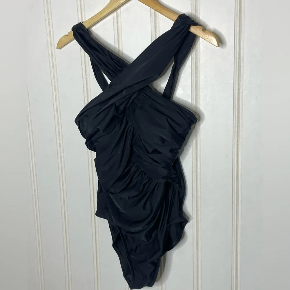 MIRACLESUIT Novel Ideas Crisscross High Neck One-Piece Swimsuit Sz 12 822 - Image 3