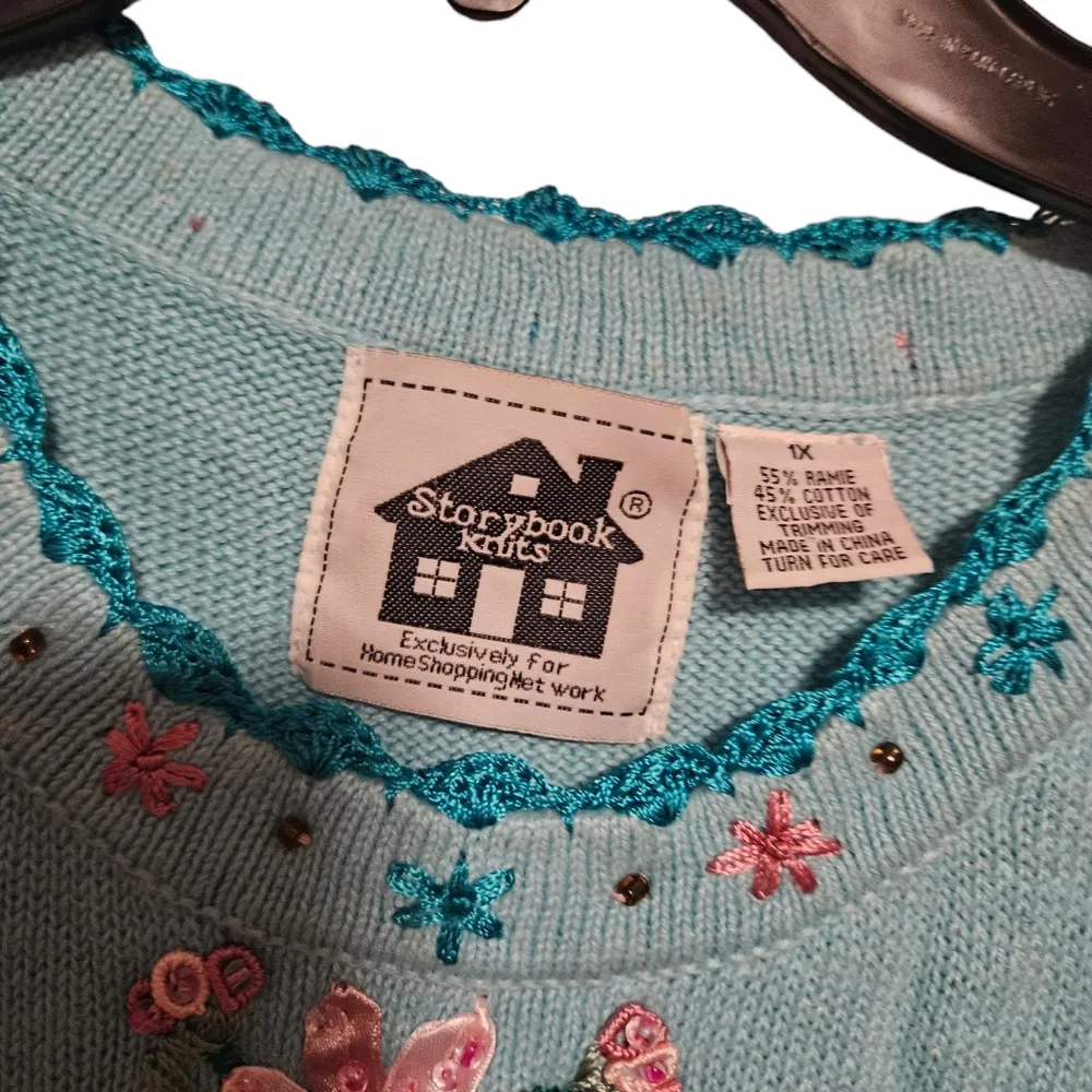 Storybook Knit Heirloom Birds and Flowers Sweater Size 1X Pink - Image 3