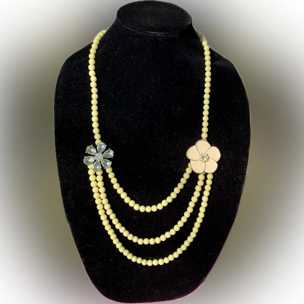 PANNEE by Panacea Elegant yellow Beads Necklace beige crystal flower 3 layer 34” - Image 2