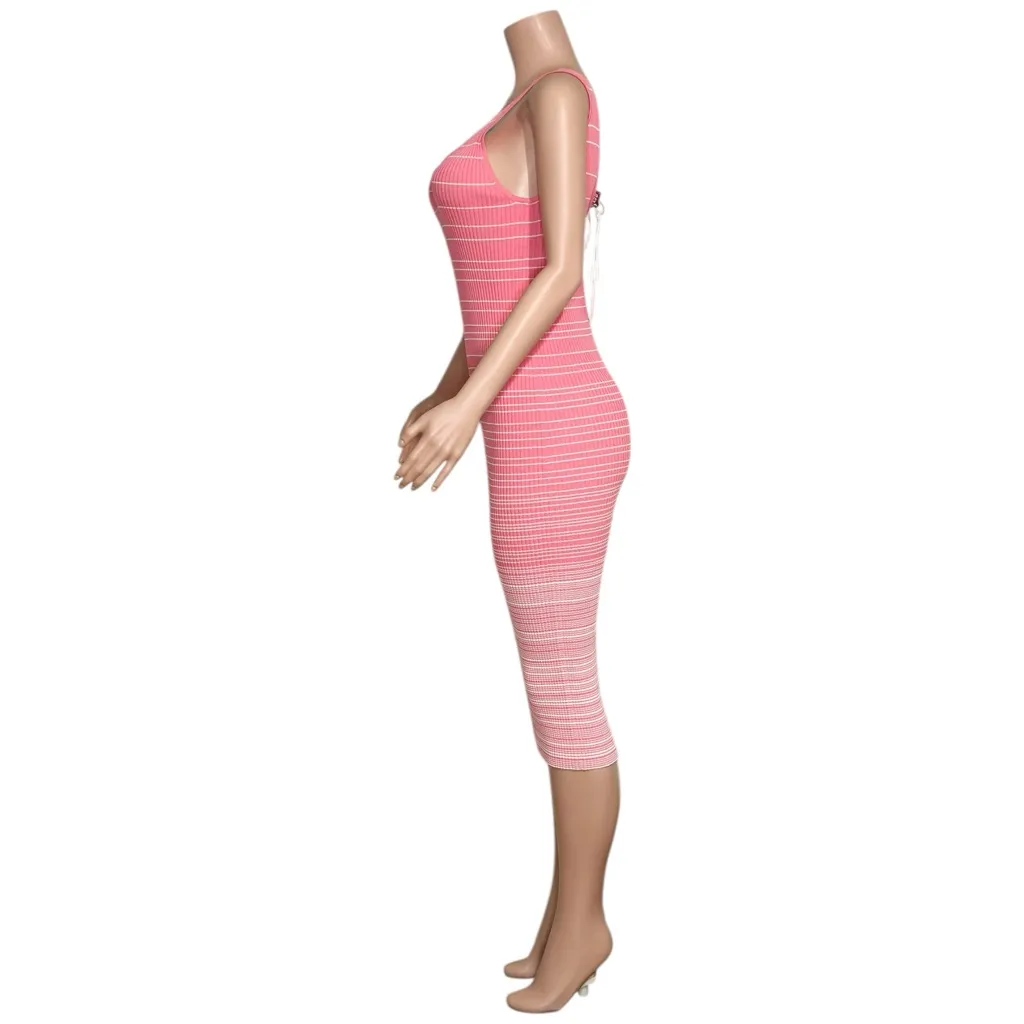 STAUD Dana Ribbed Knit Midi Dress, Coral Pink/White, Small - Image 5