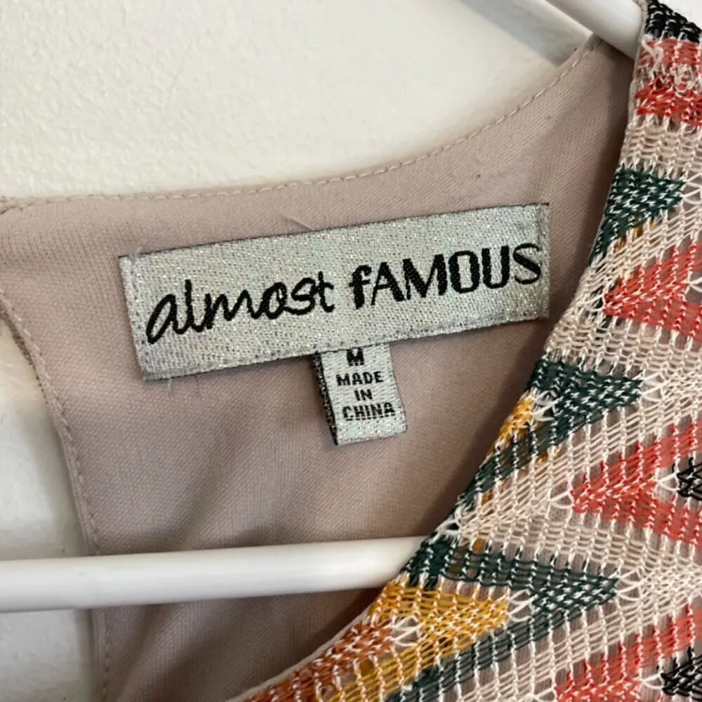 ALMOST FAMOUS Coral Orange Cream Chevron Zig Zag Knit Retro 70s Mini Tank Dress - Image 2