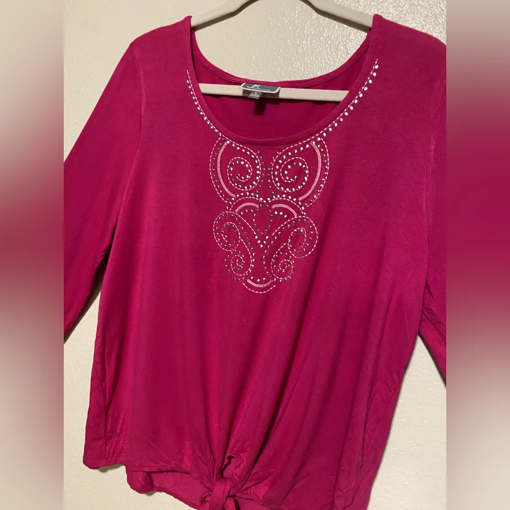 JM Collection Embellished Tie-Front Top | Pink Sequined 3/4 Sleeve Blouse Size L - Image 3