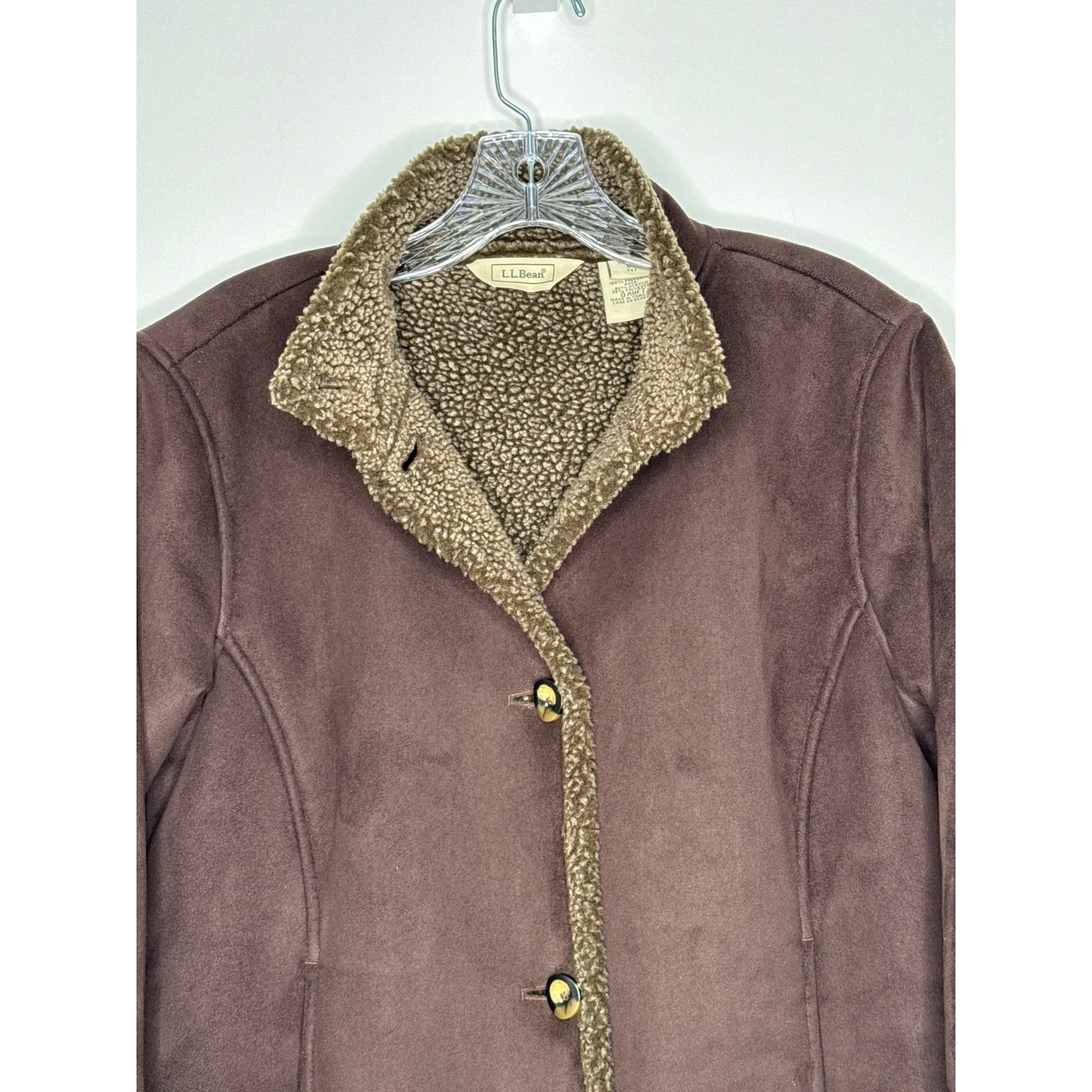 Vintage L.L. Bean Faux Shearling Suede Coat Brown Sherpa Lined XS Petite - Image 4
