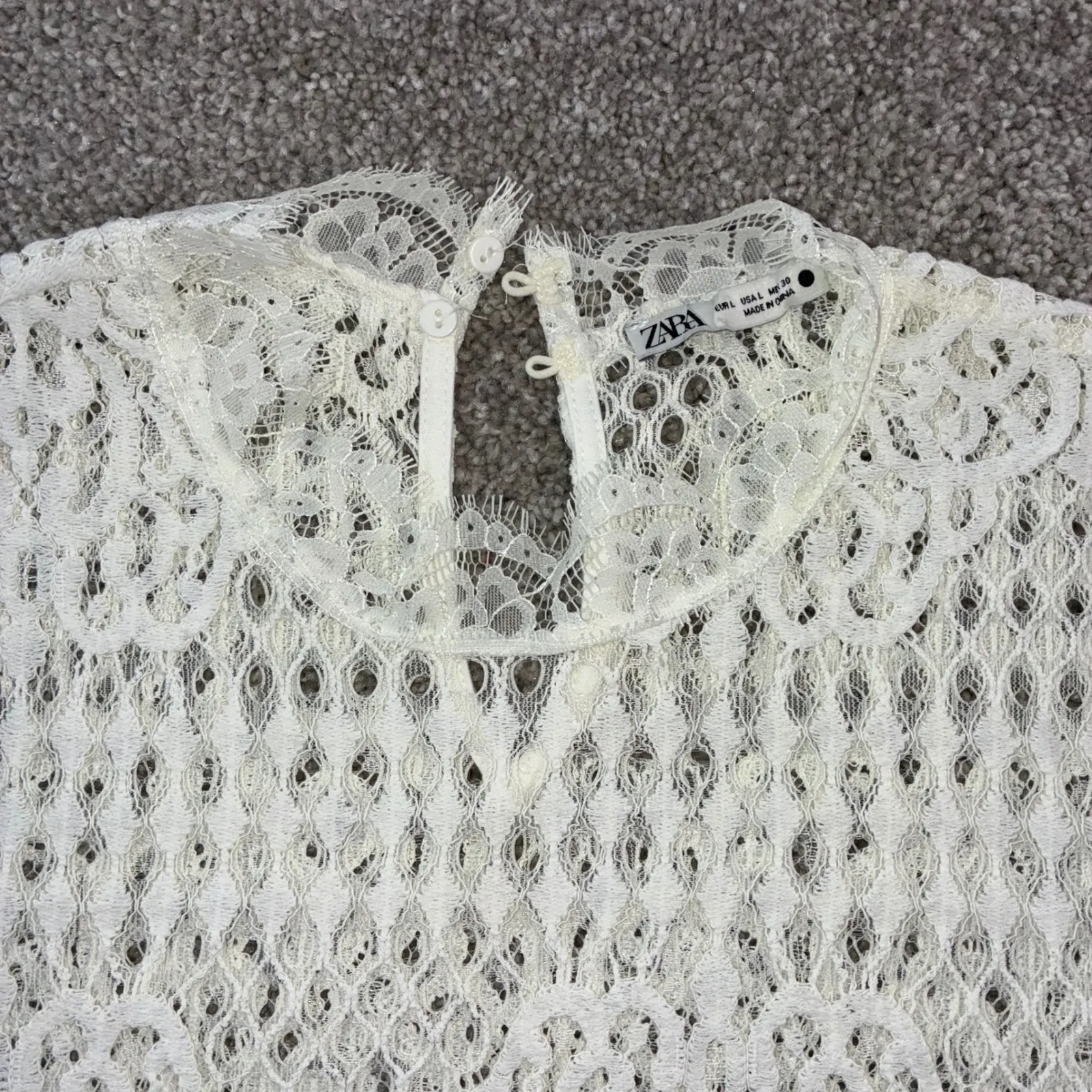 ZARA Womens L White Lace 3/4 Sleeve Mock Neck Keyhole Back Top Blouse‎ Boho Chic - Image 6